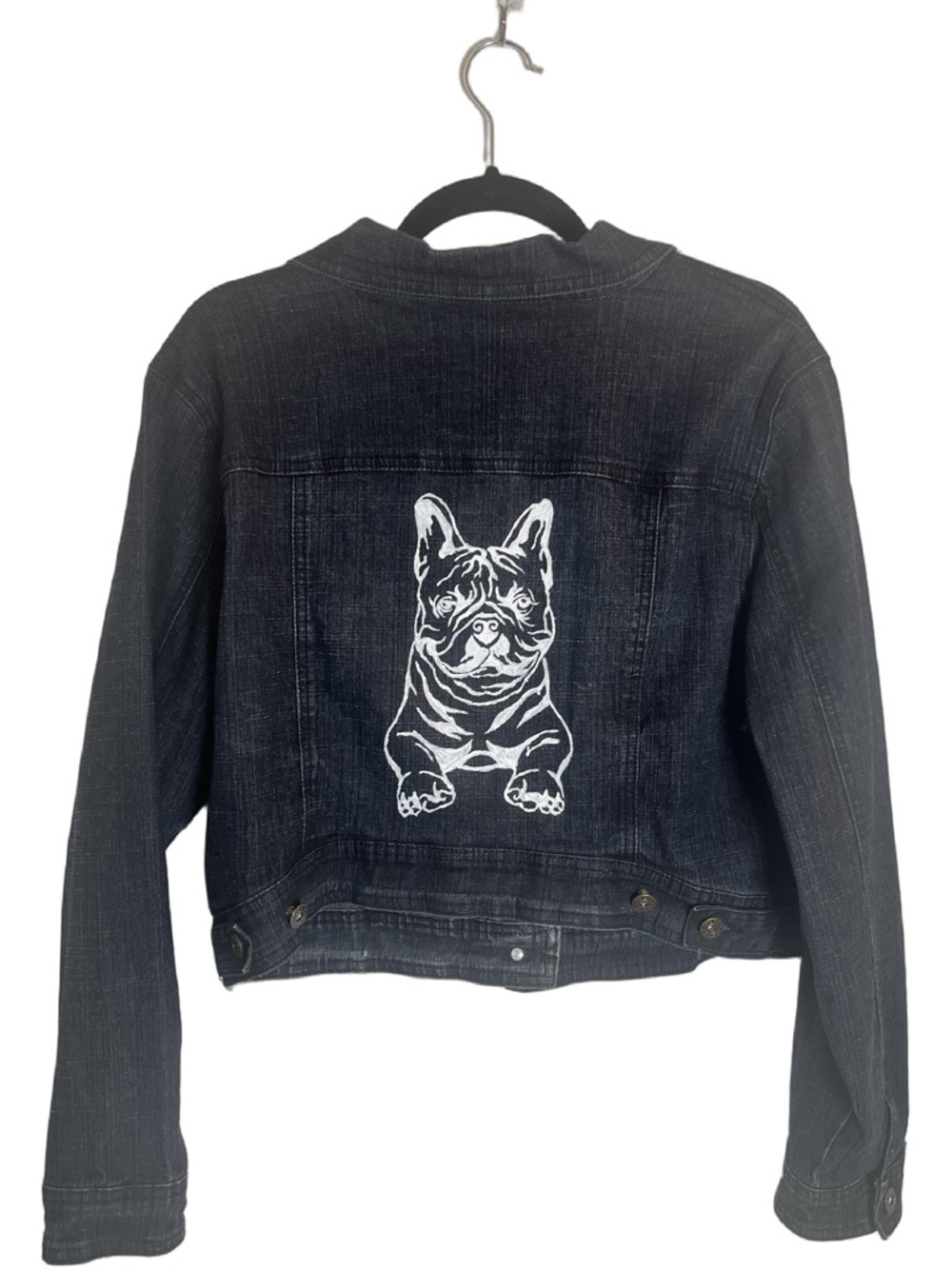 Black Denim Hand Painted French Bulldog Jean Jacket, NWT, Size Xl, Cropped.